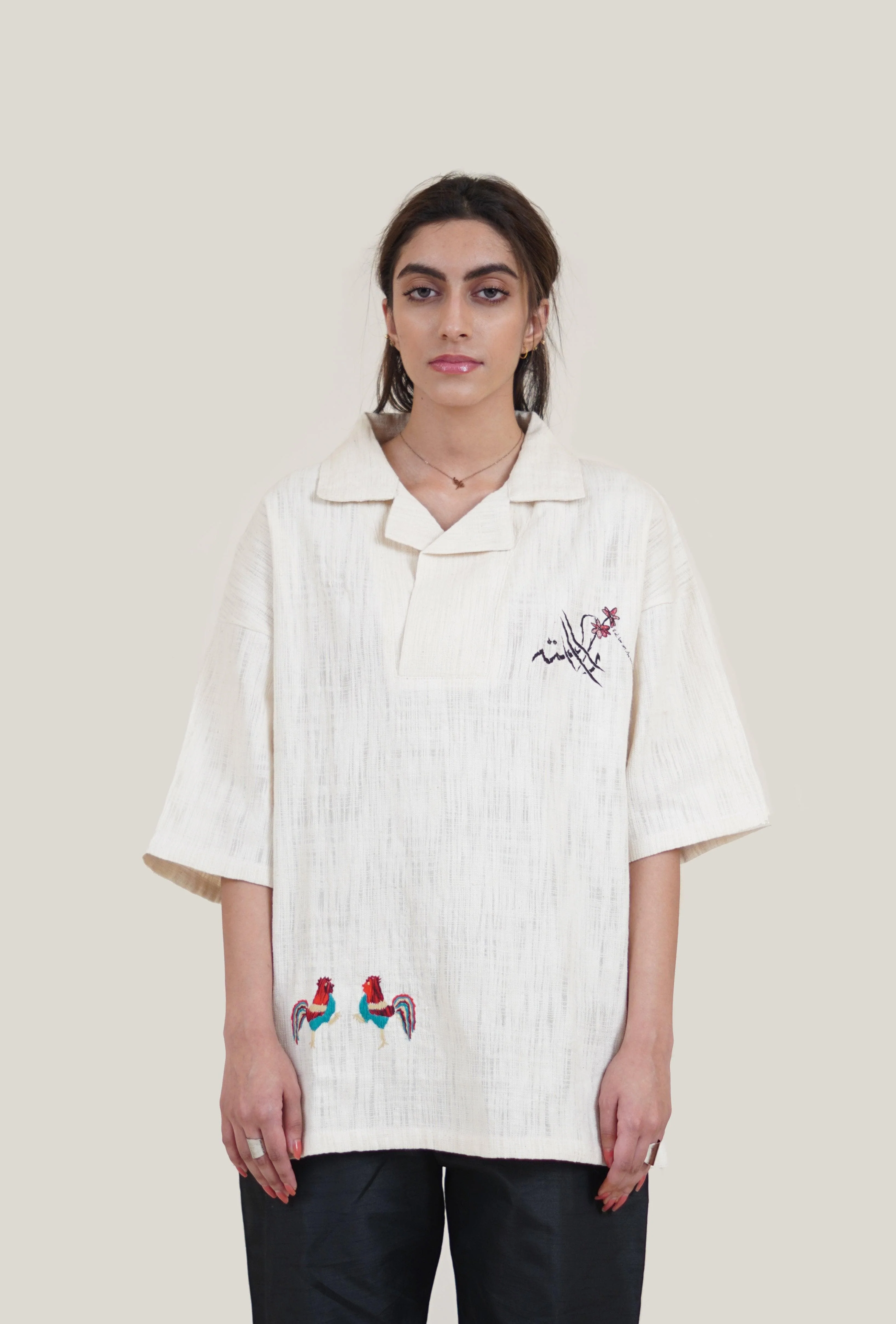 Rooster hand-embroidered shirt