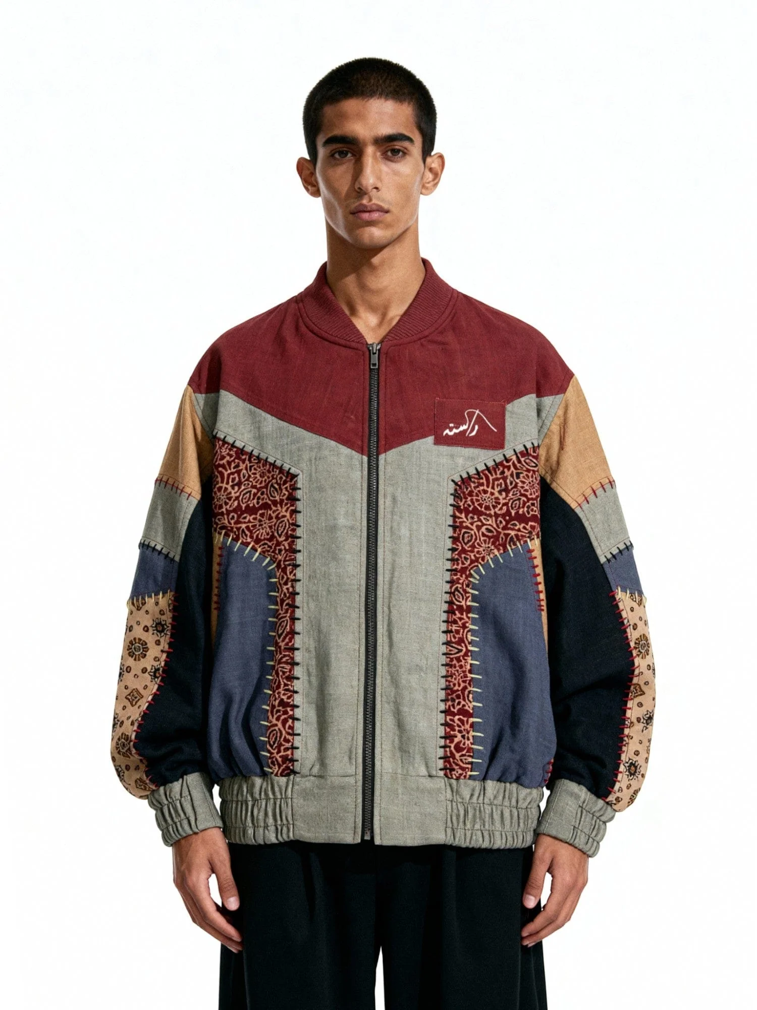 Ajrak panelled bomber jacket