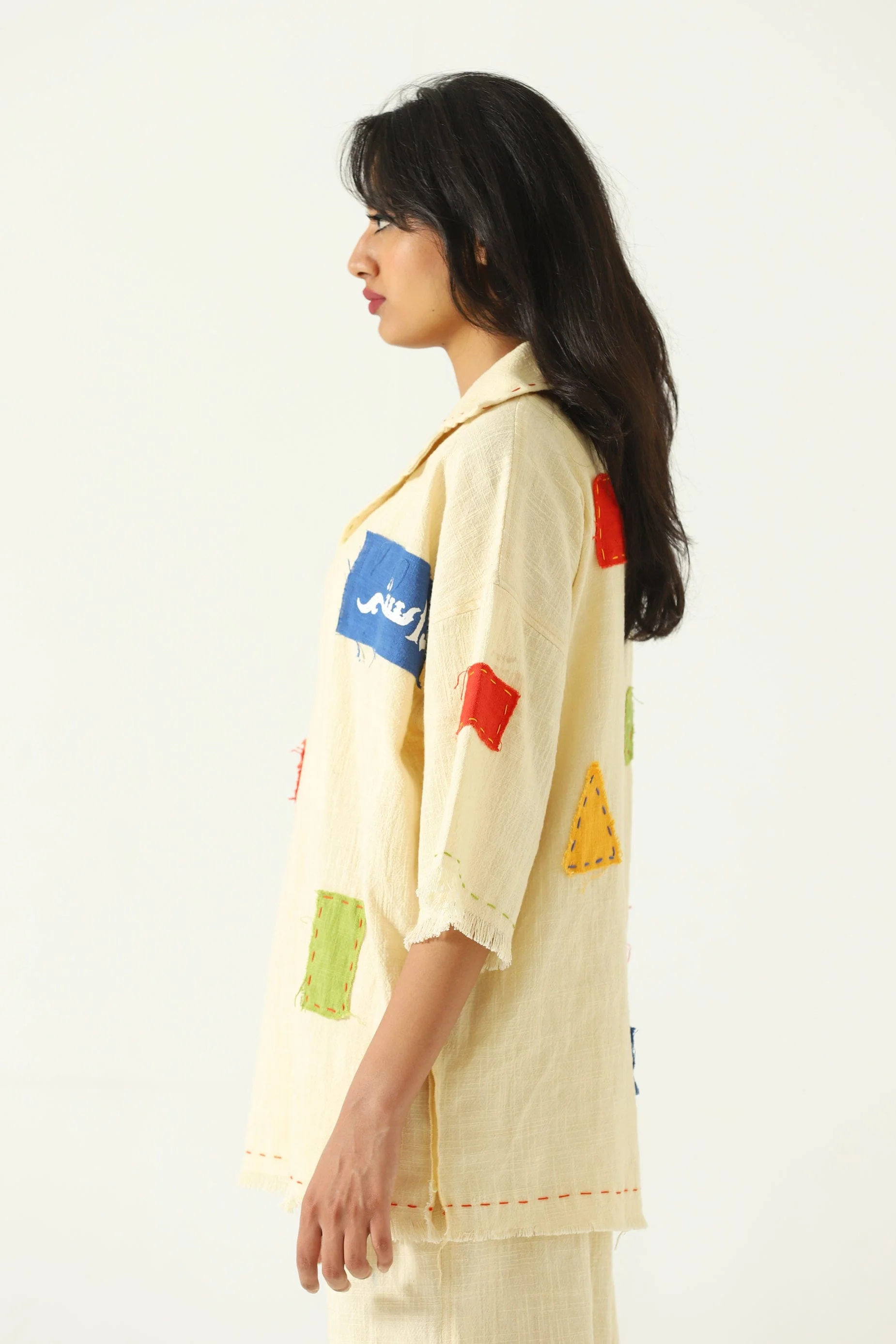 Patchwork handwoven beige polo - Image 9