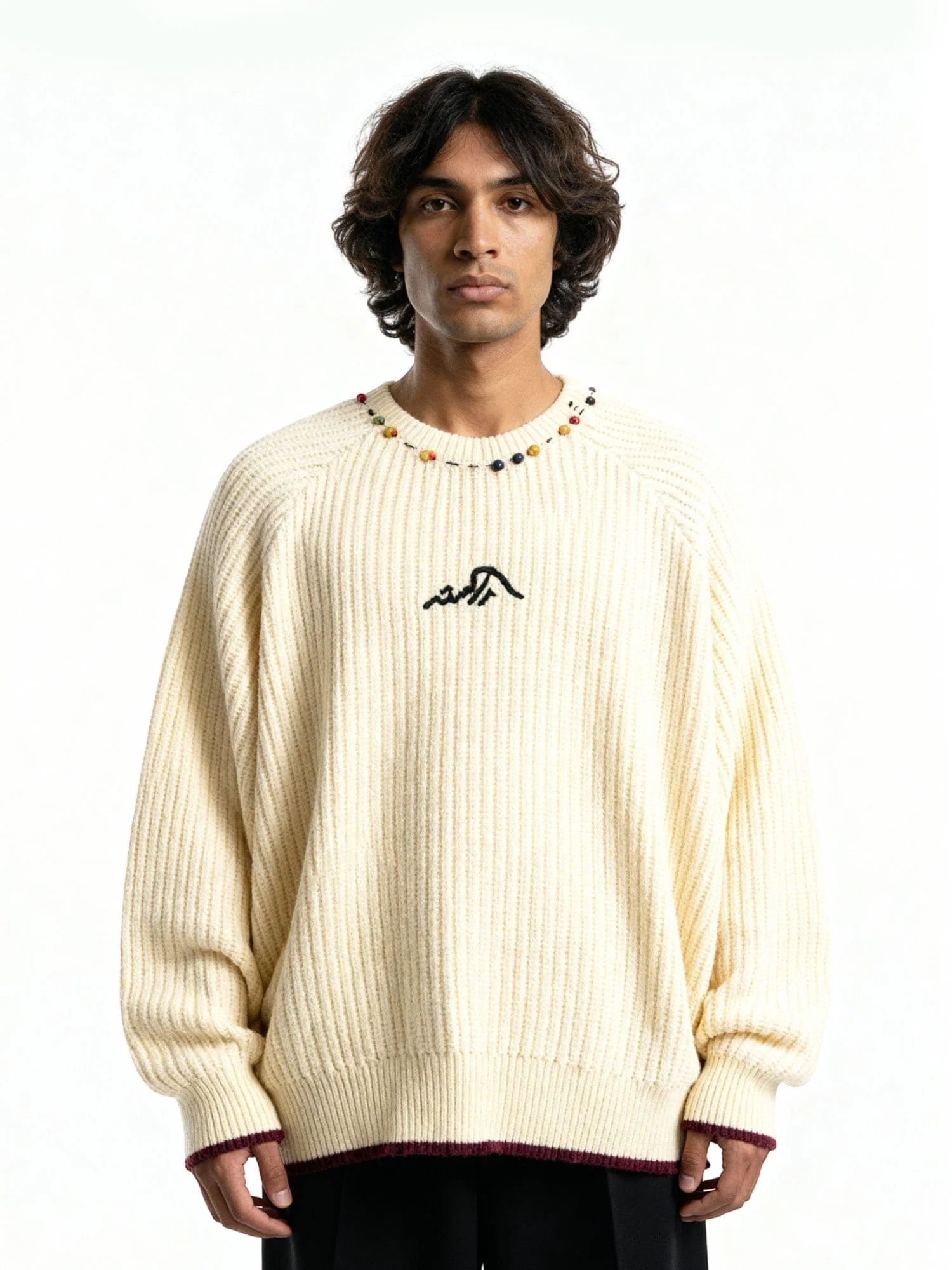 Embroidered cream chunky sweater