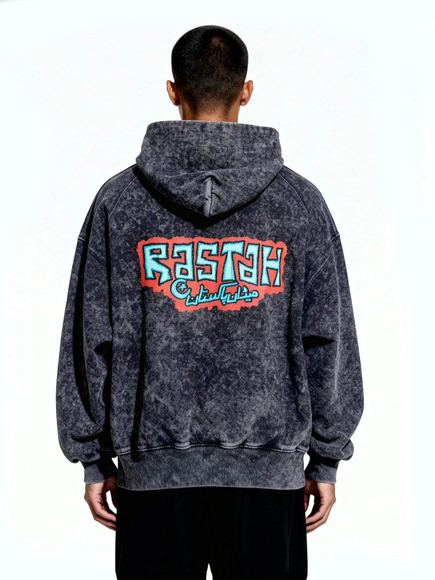 Black acid wash graffiti hoodie - Image 2