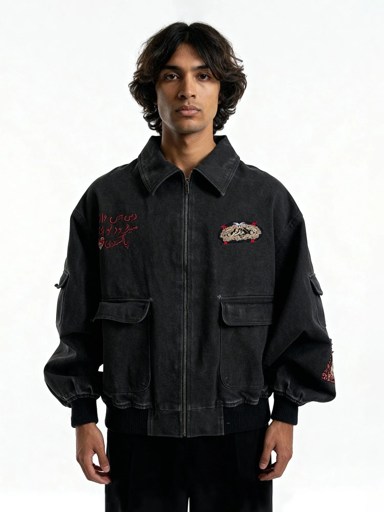 Black acid wash hand-embroidered jacket