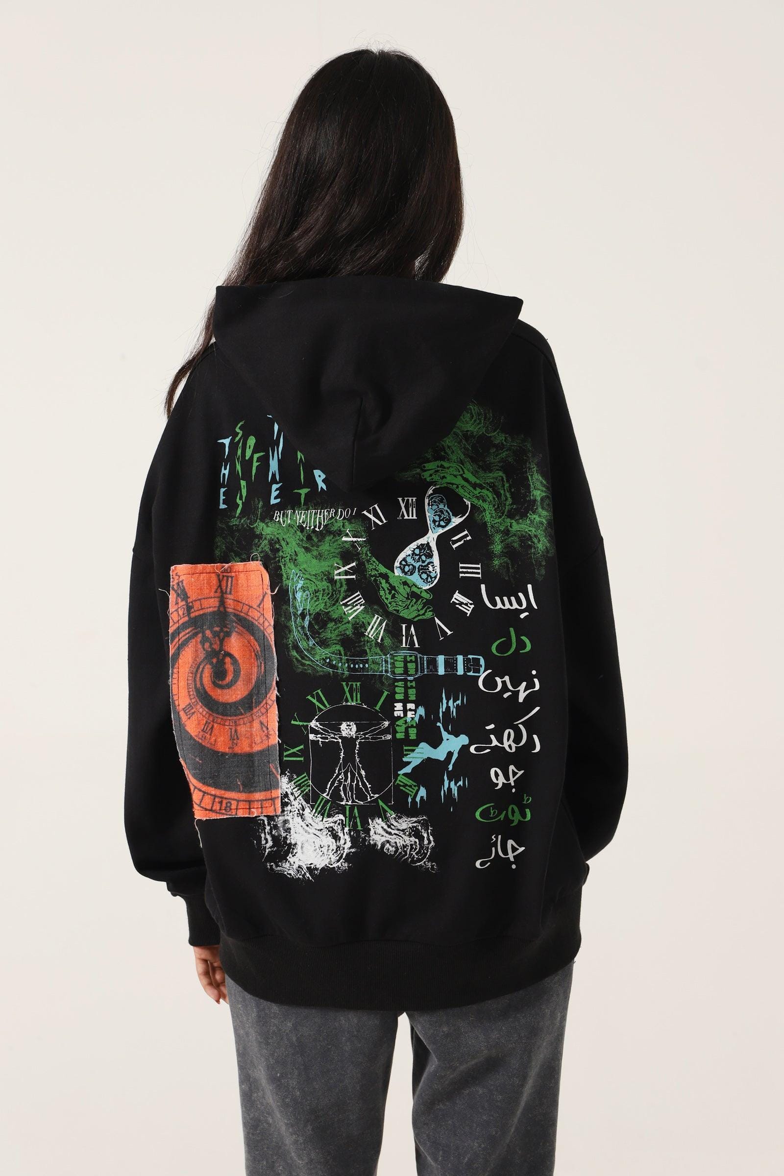 "Time is fleeting" printed black hoodie - Image 9