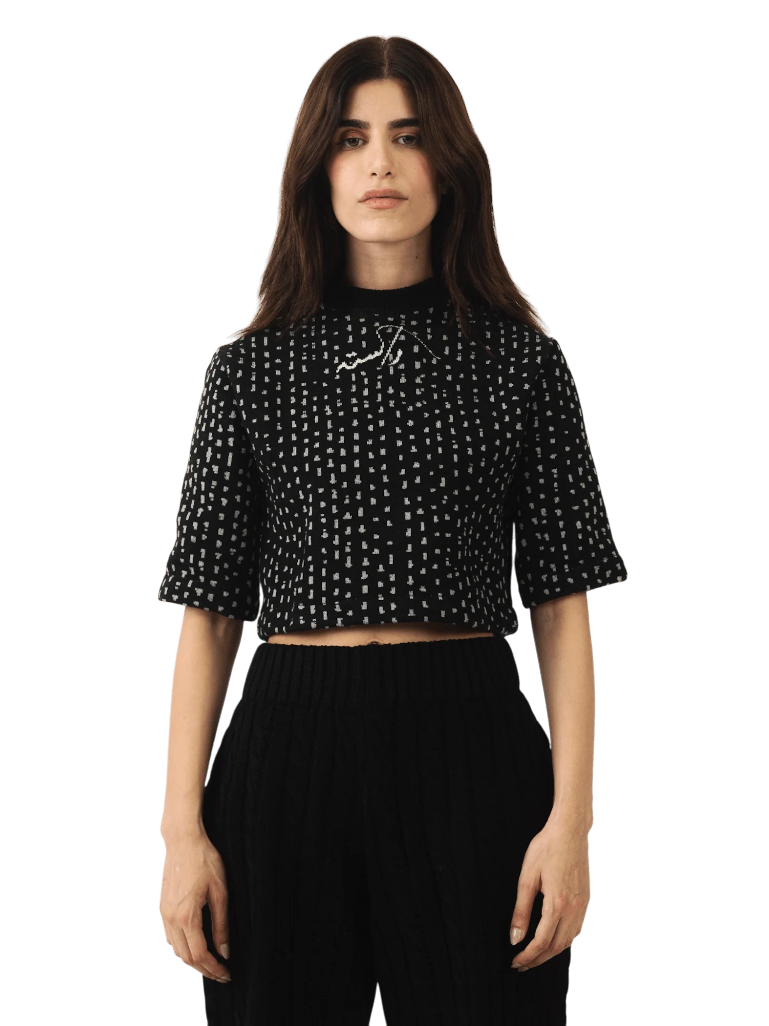 Black knit jacquard crop top