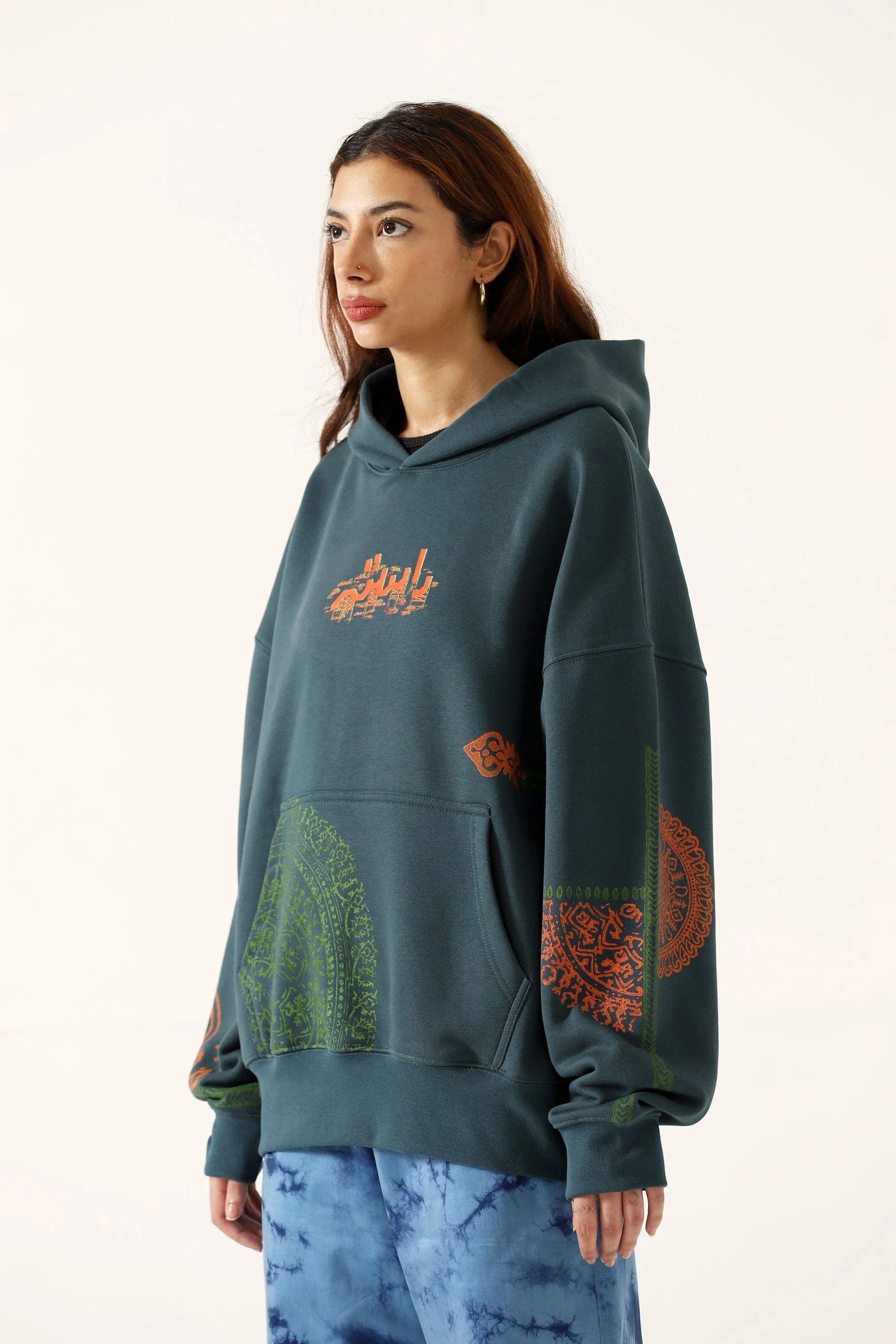 "Voyage" ash green block print hoodie - Image 4