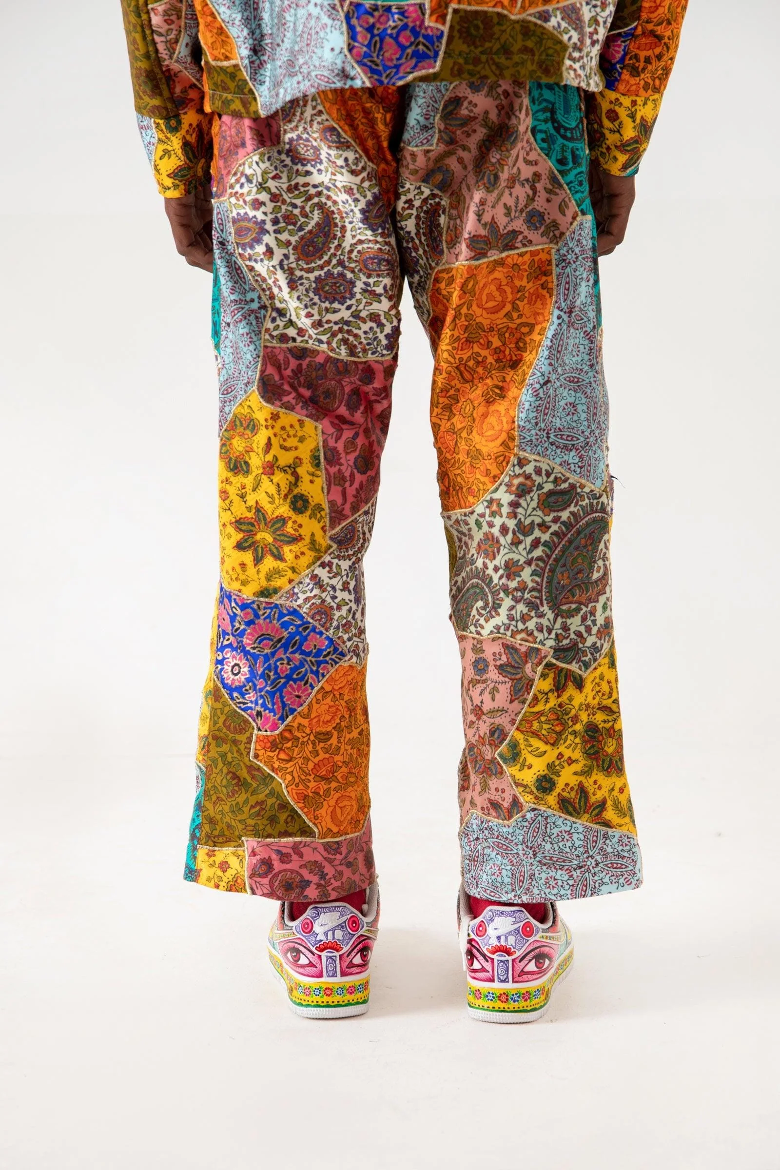 Block printed patchwork satin trousers - Image 7