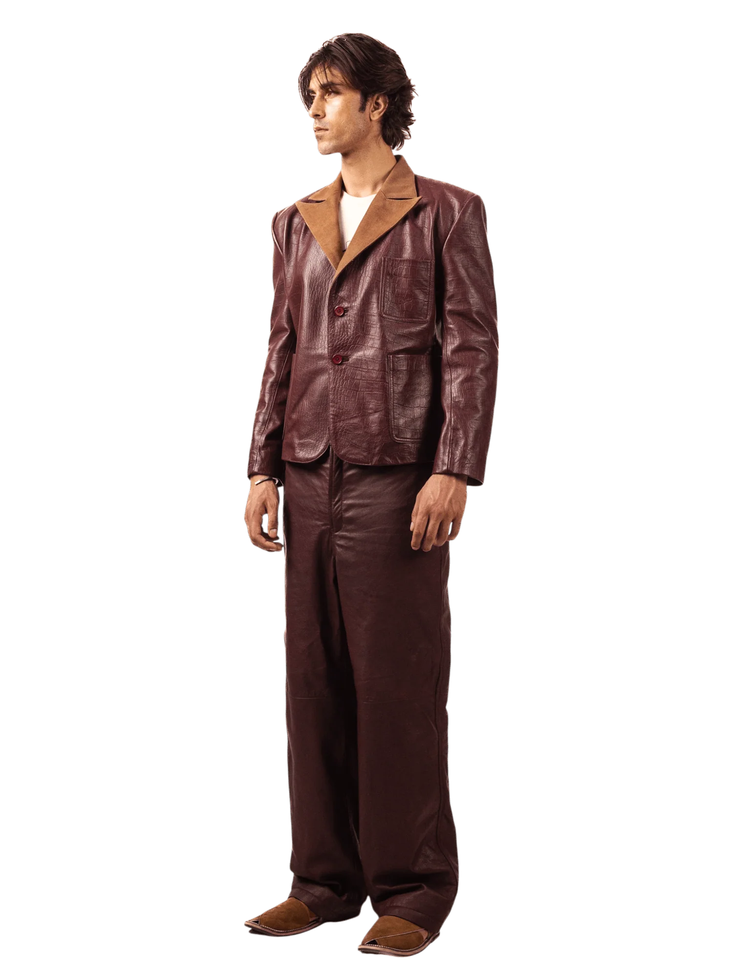 Deep maroon leather suit jacket - Image 5