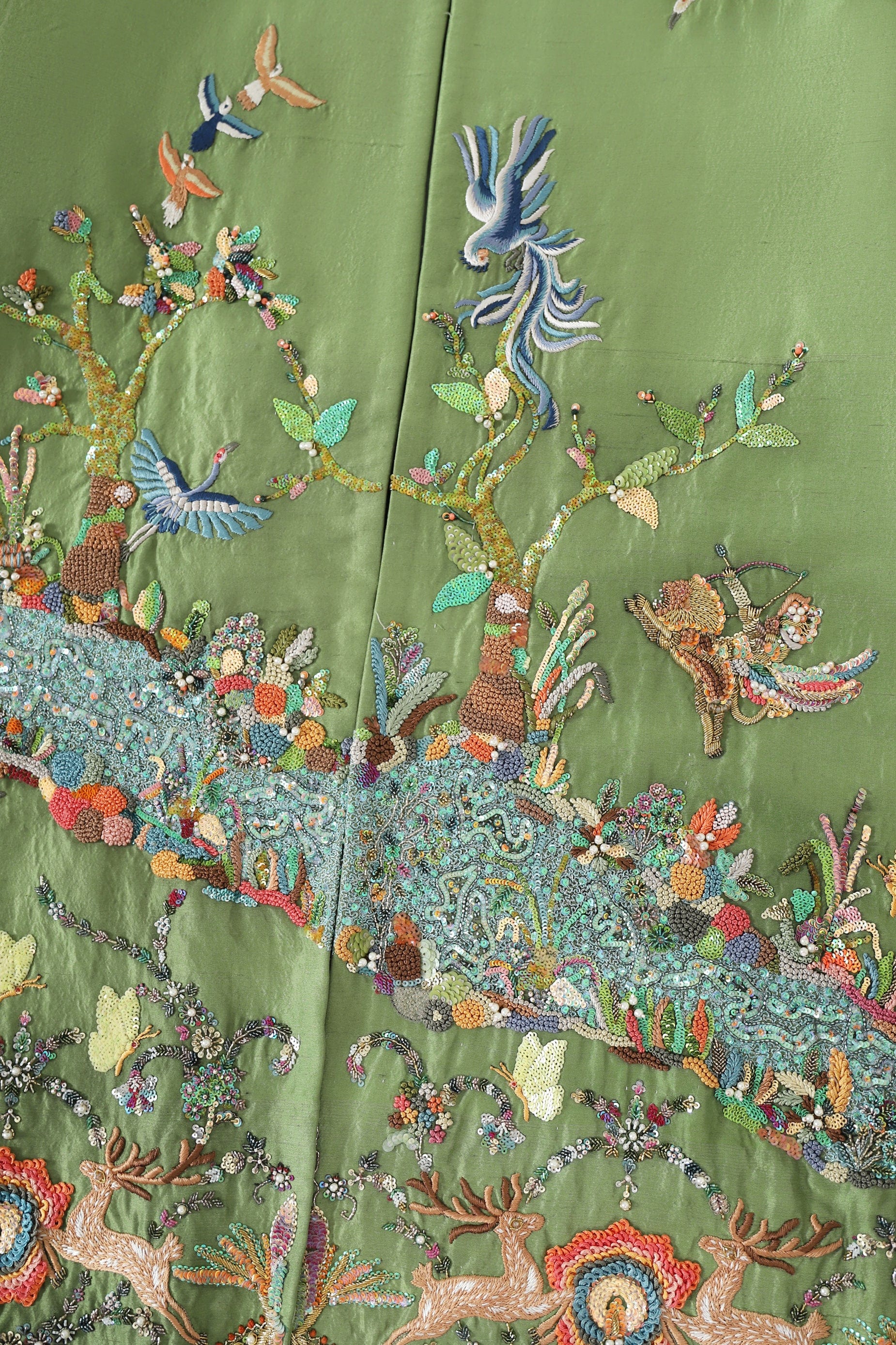 Hand-Embroidered emerald silk long coat - Image 3