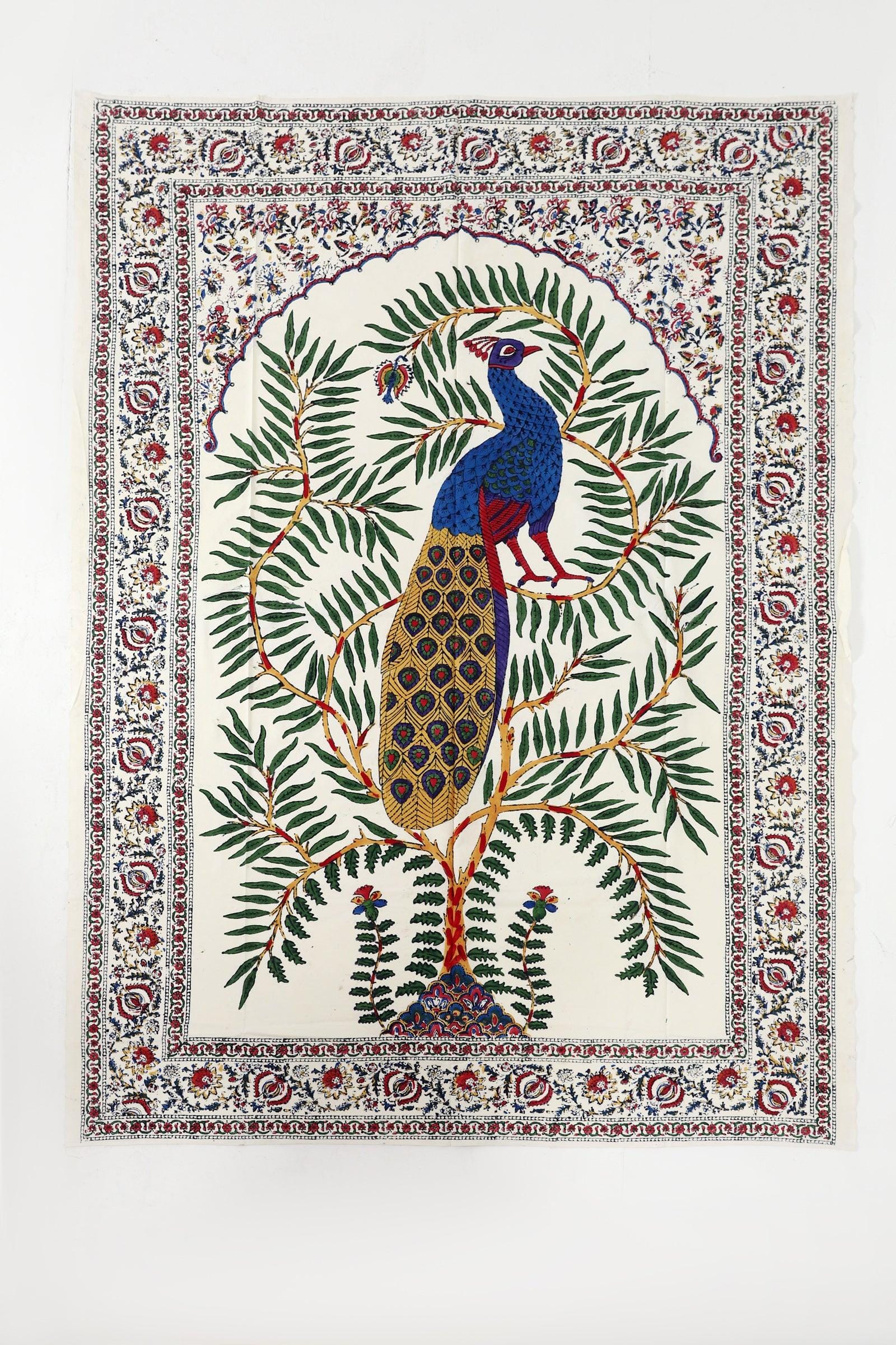 Large peacock block printed wall tapestry