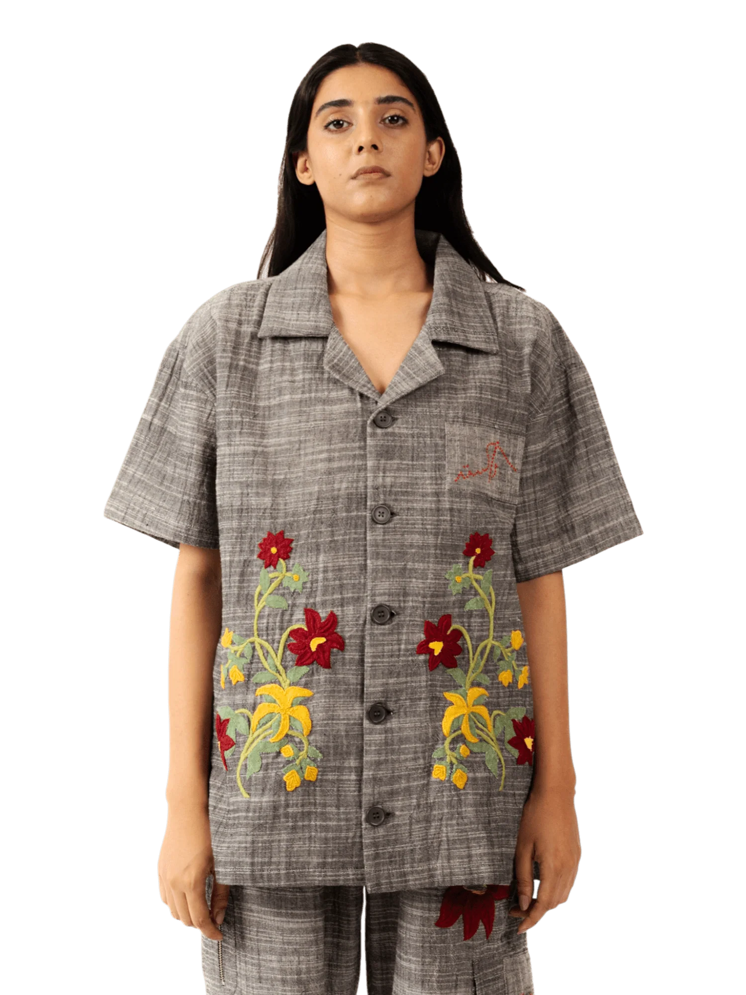 Grey embellished khaddar button-down - Image 3