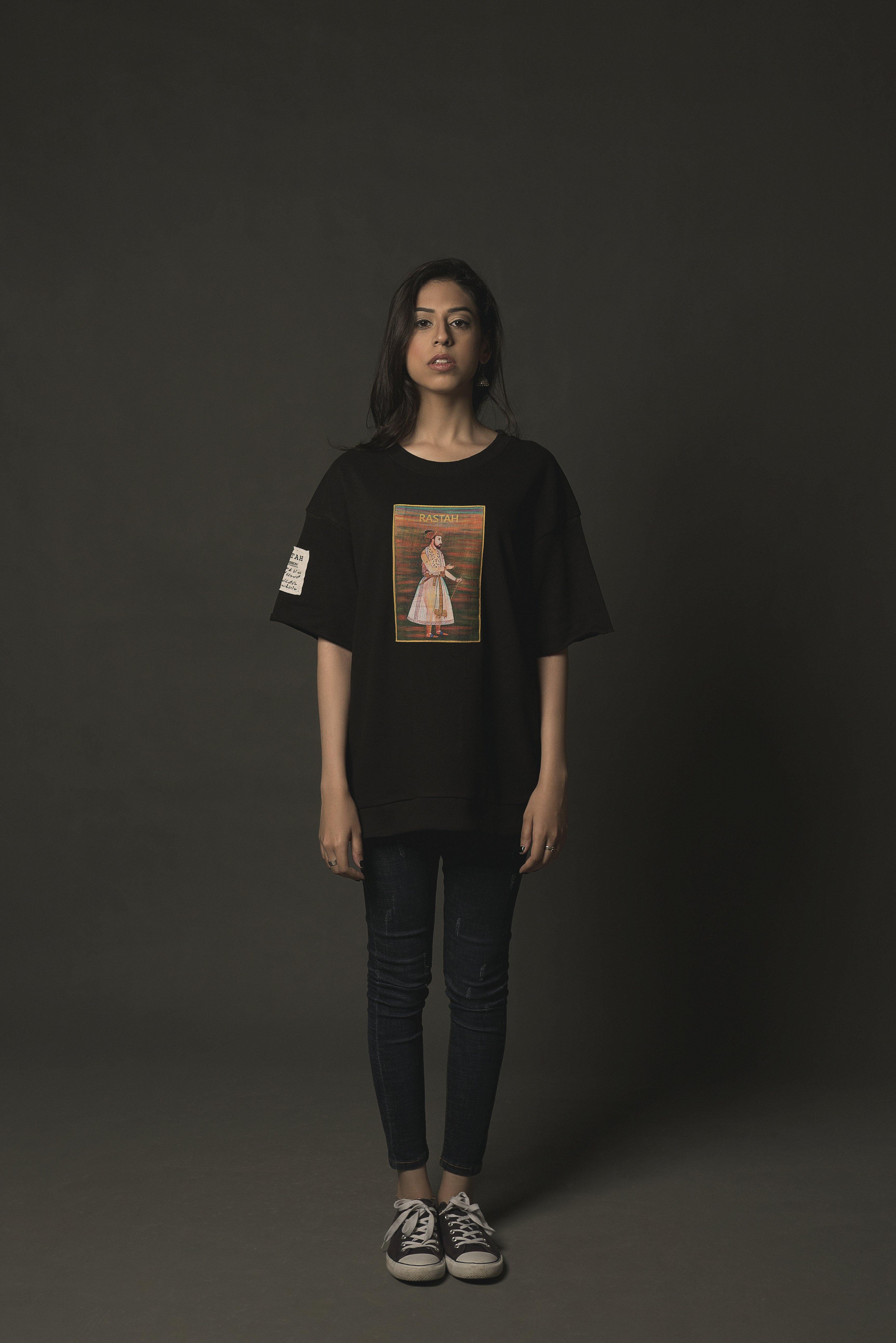 Hand crafted unisex black Mughal emperor T-shirt (cropped fit) - Image 3