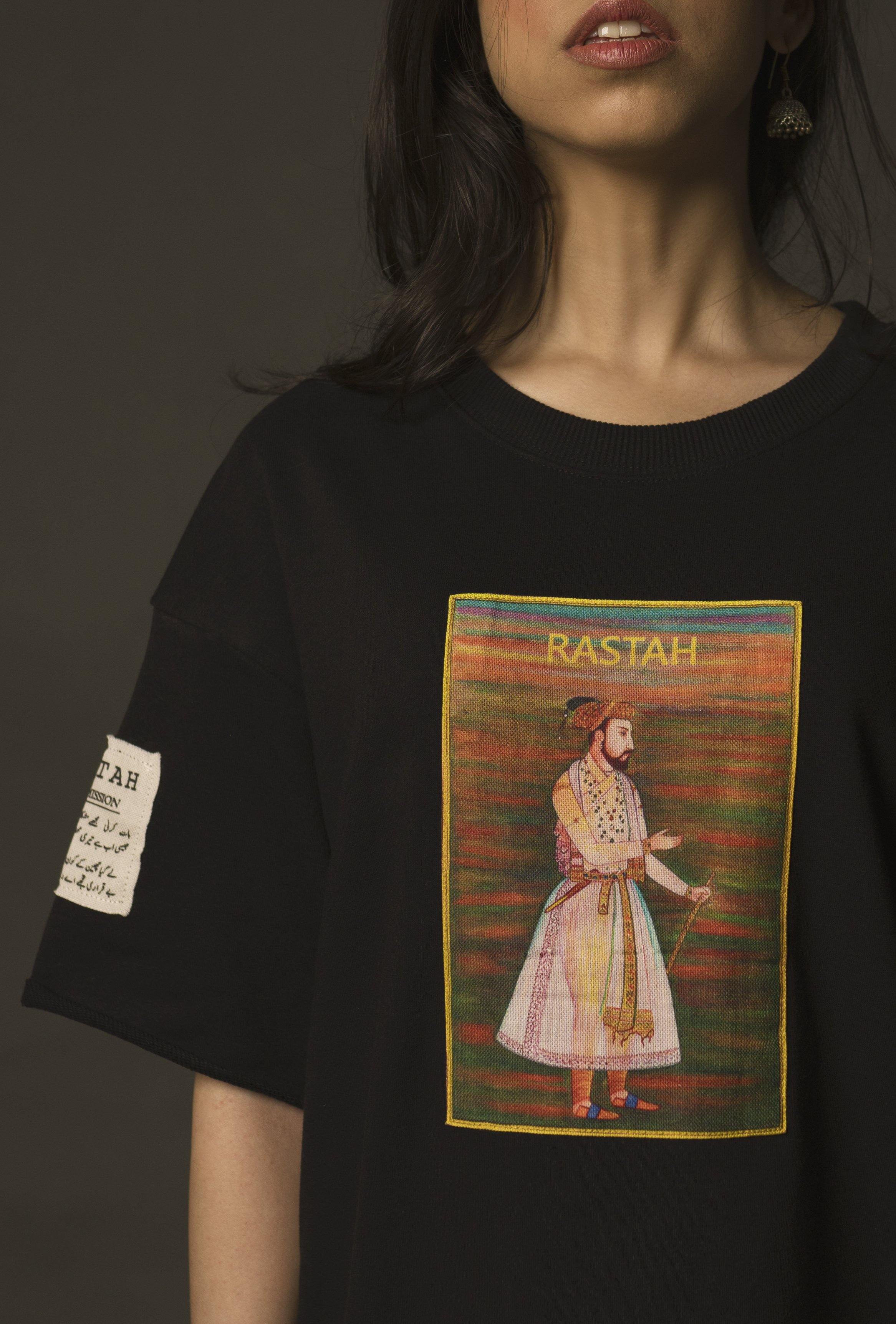 Hand crafted unisex black Mughal emperor T-shirt (cropped fit) - Image 5