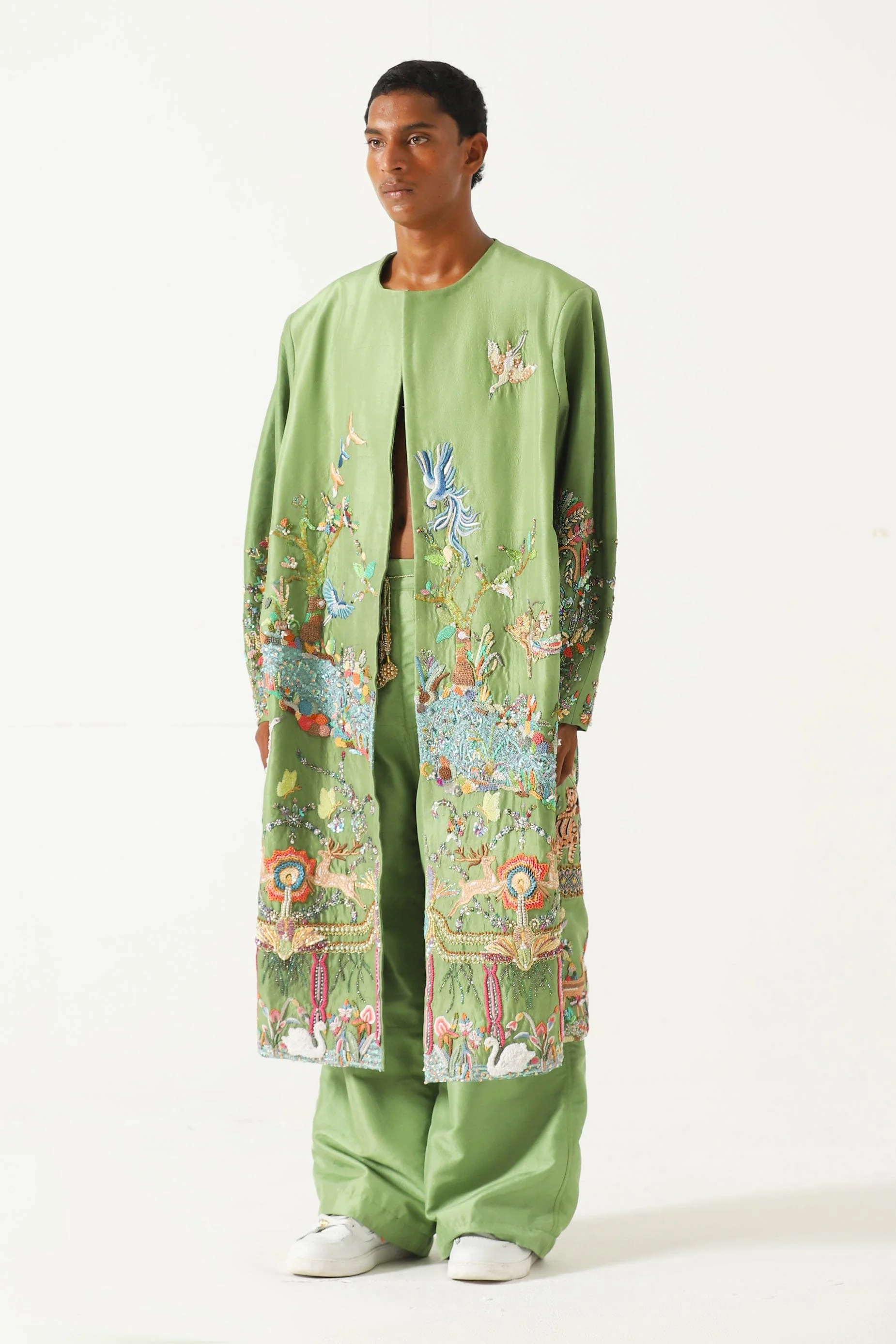 Hand-Embroidered emerald silk long coat