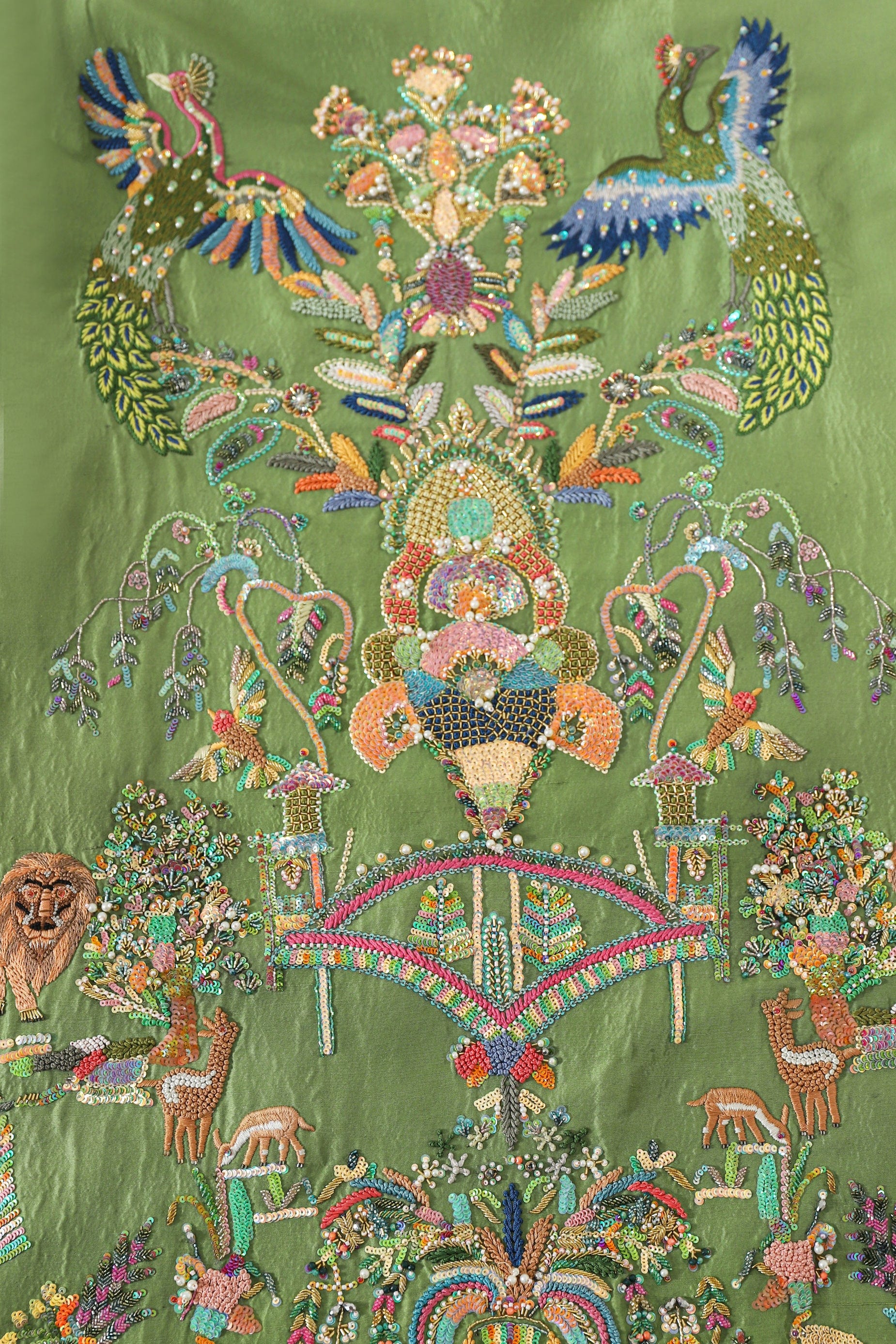 Hand-Embroidered emerald silk long coat - Image 6