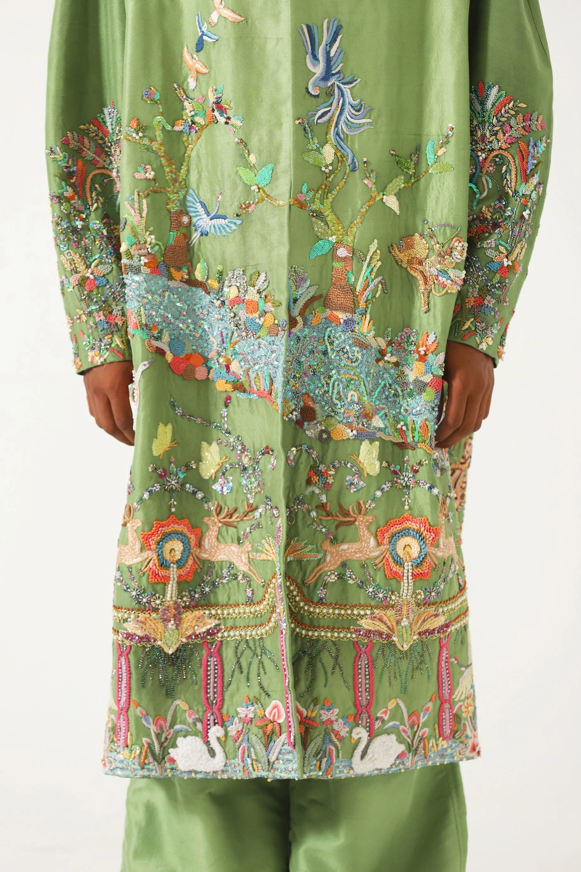 Hand-Embroidered emerald silk long coat - Image 8