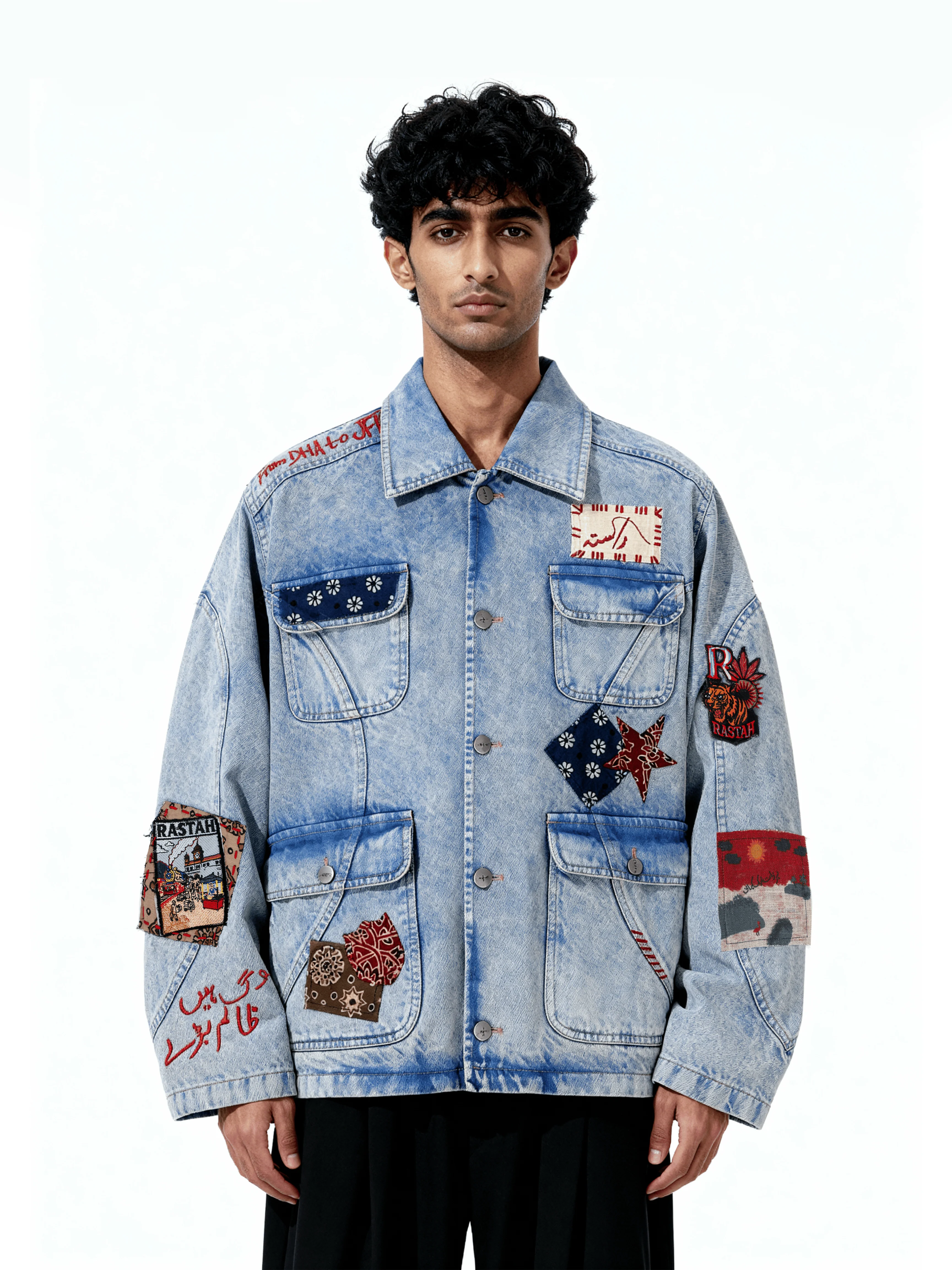 Hand-Embroidered patchwork denim jacket