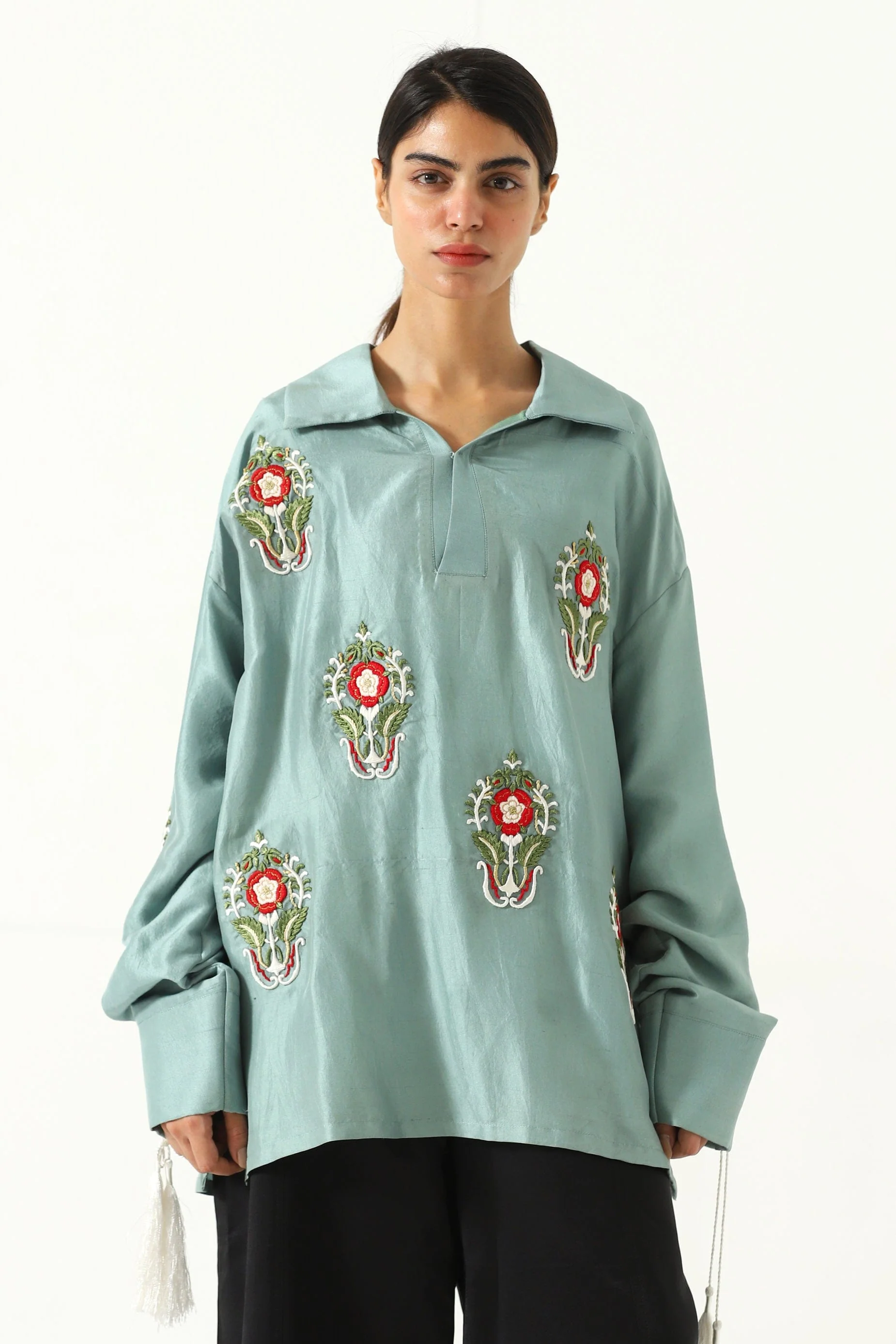 Hand-Embroidered tassels silk shirt - Image 6