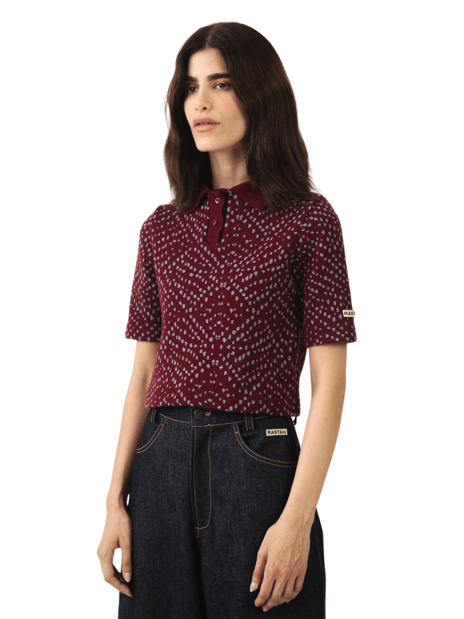 Maroon knit jacquard polo shirt - Image 3