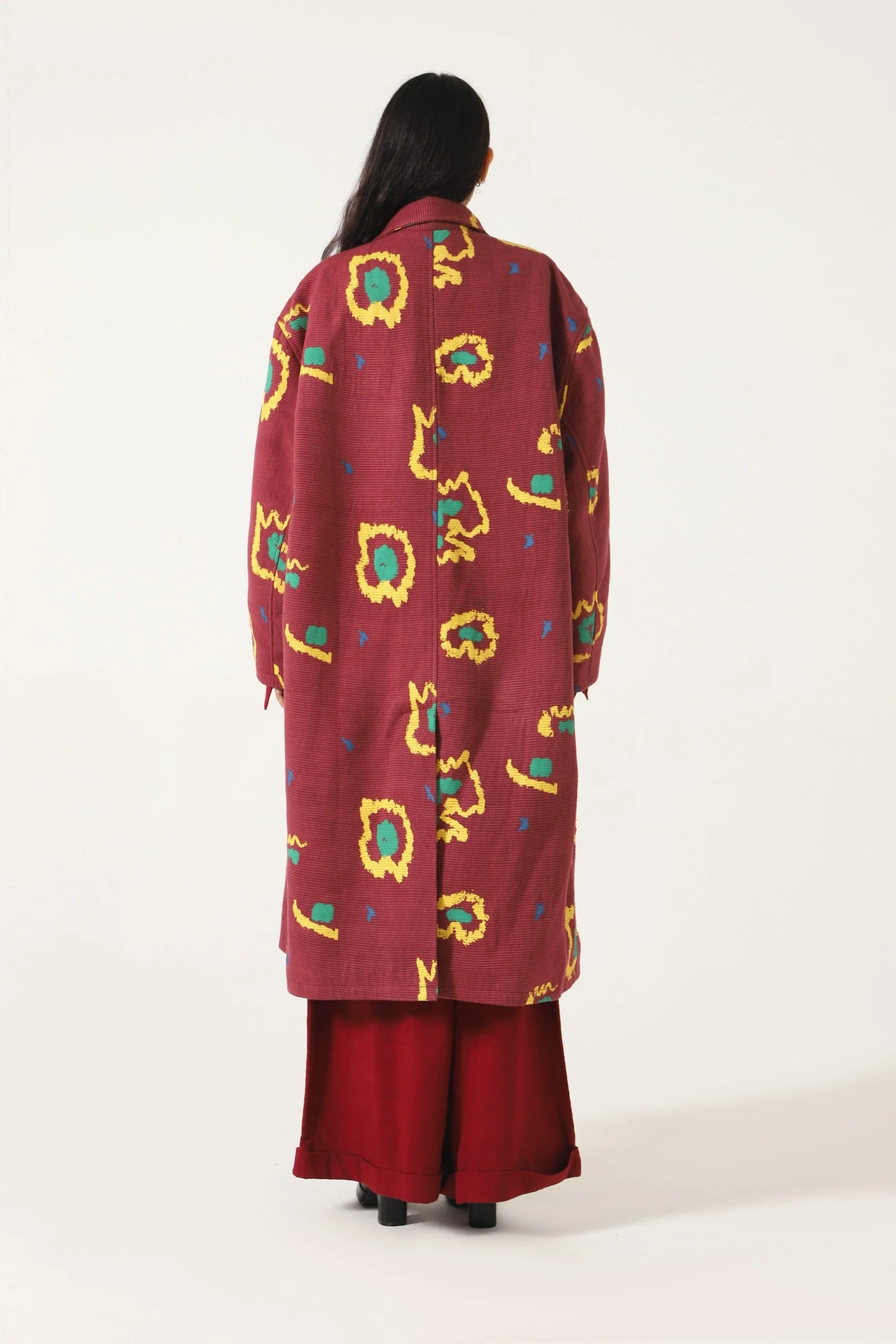 Maroon handwoven printed long coat - Image 7