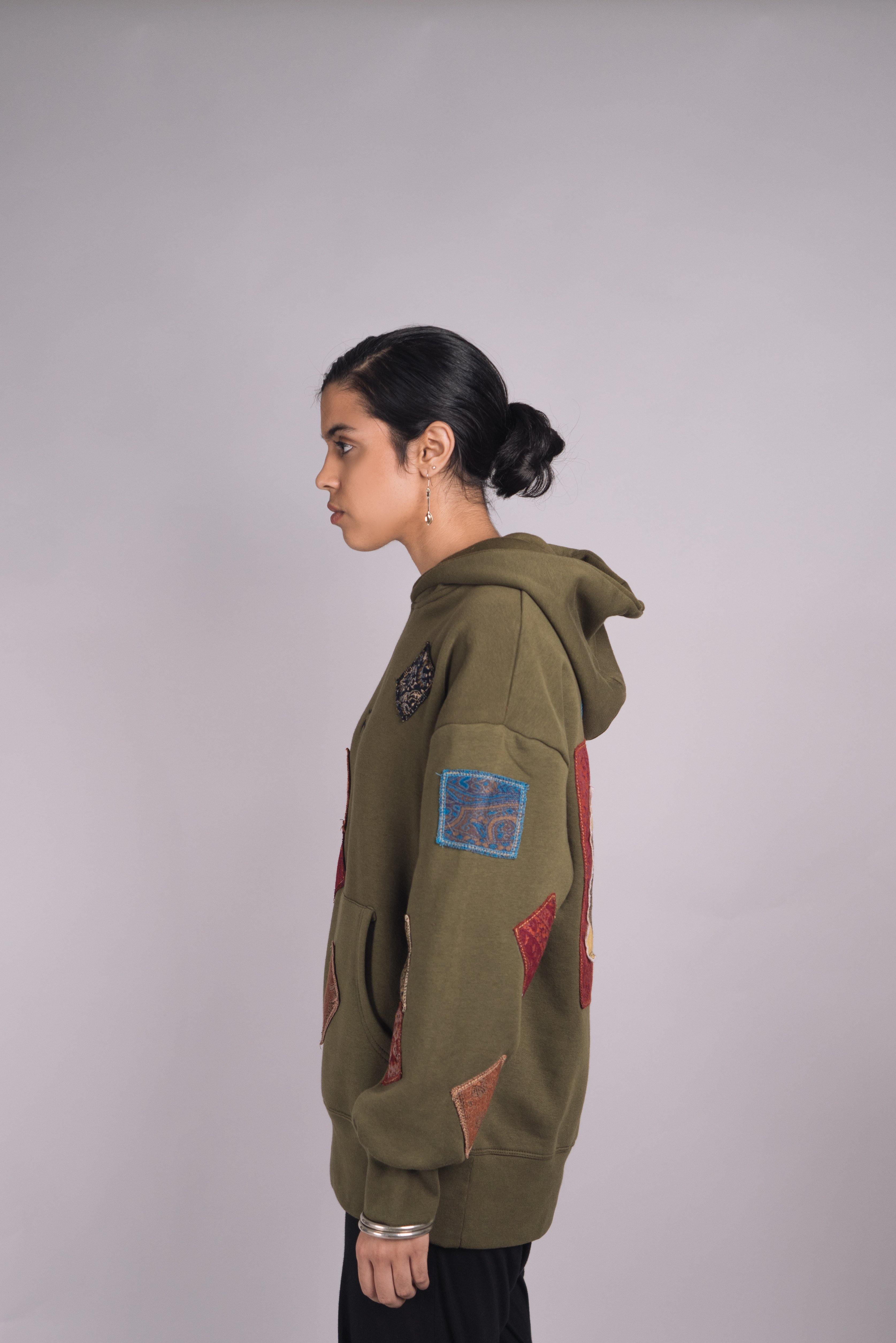 Olive green jamawar patchwork hoodie - Image 7