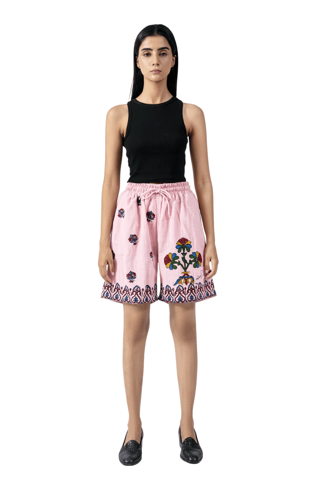 Pink block print khaddar shorts - Image 4