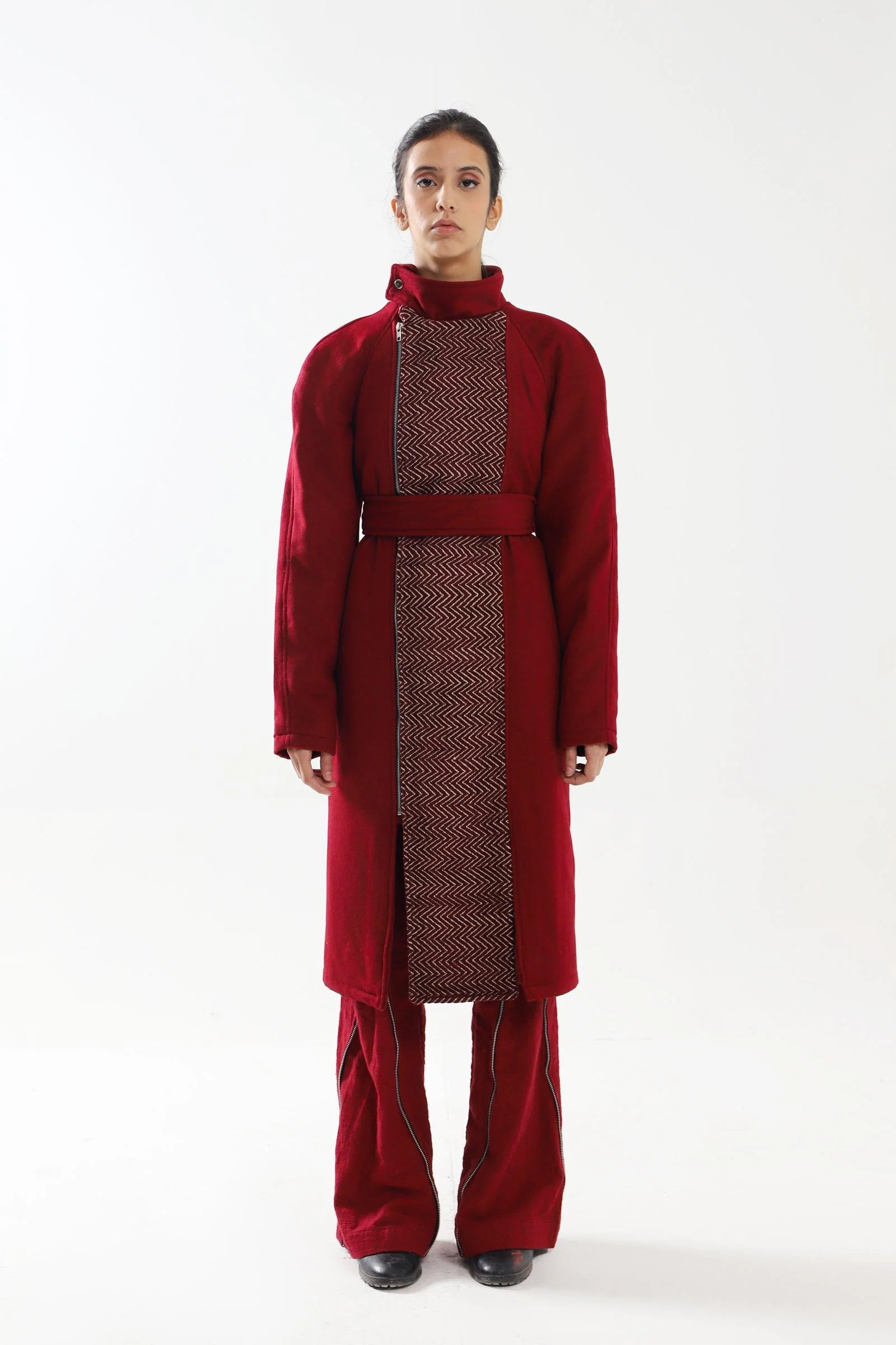 Red woolen long coat