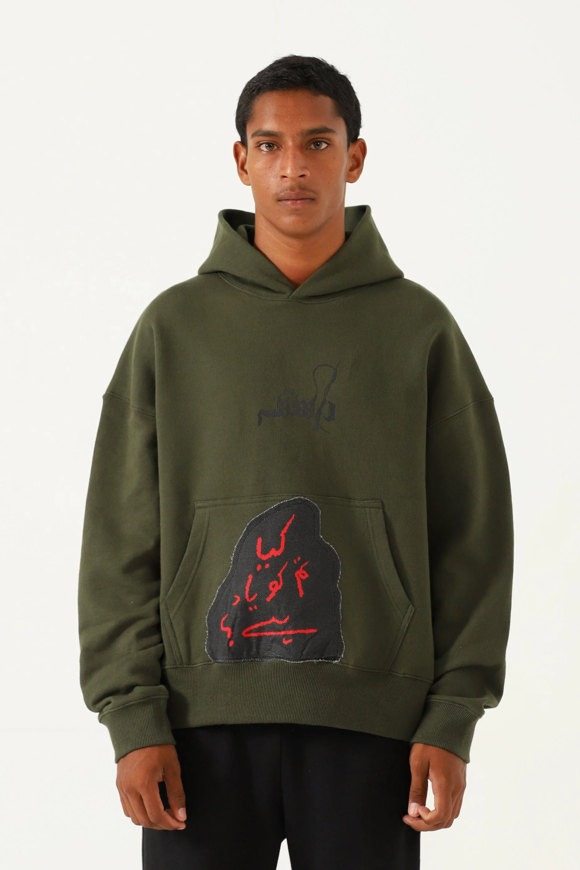 "Waqt" patchwork olive green hoodie