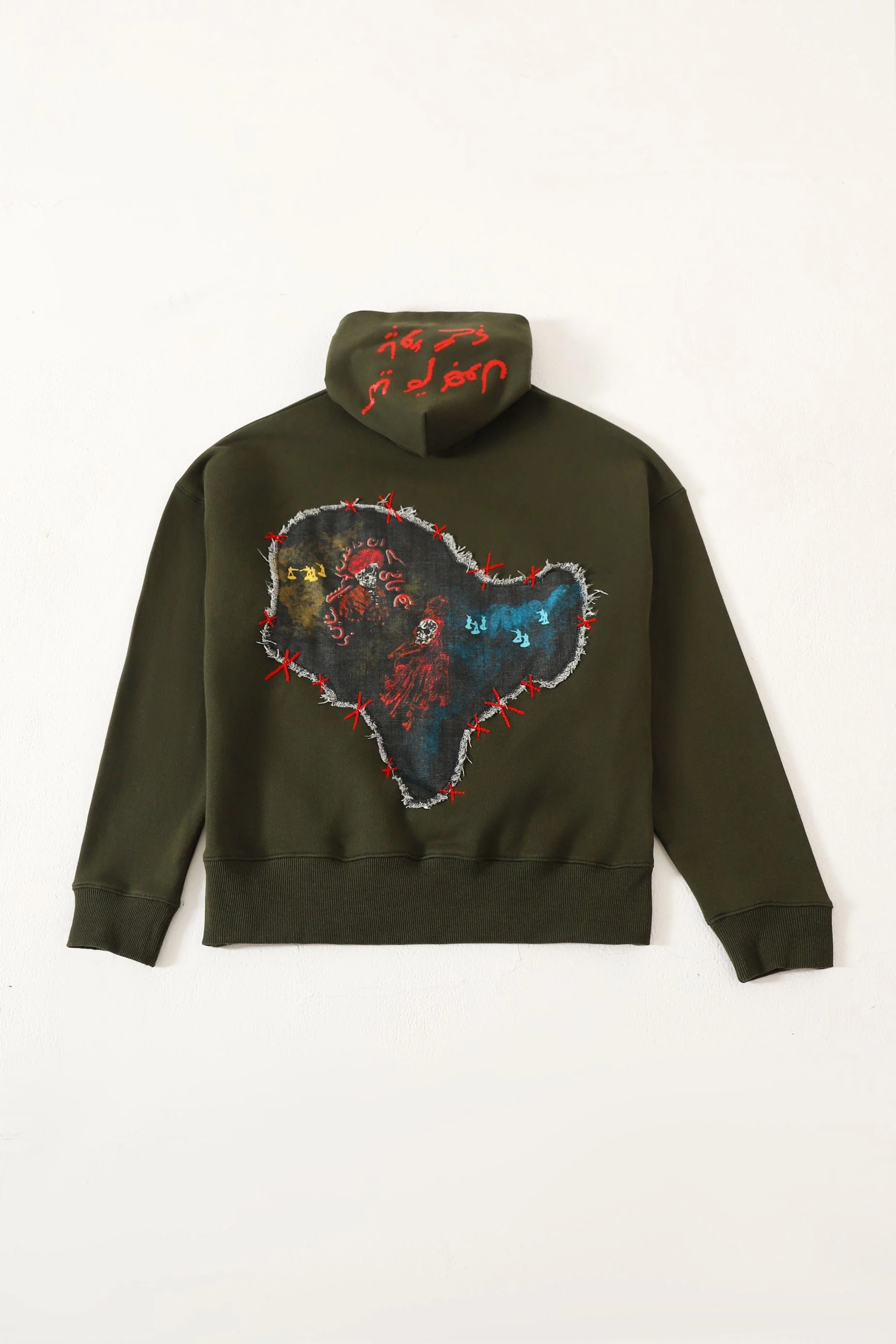 "Waqt" patchwork olive green hoodie - Image 2