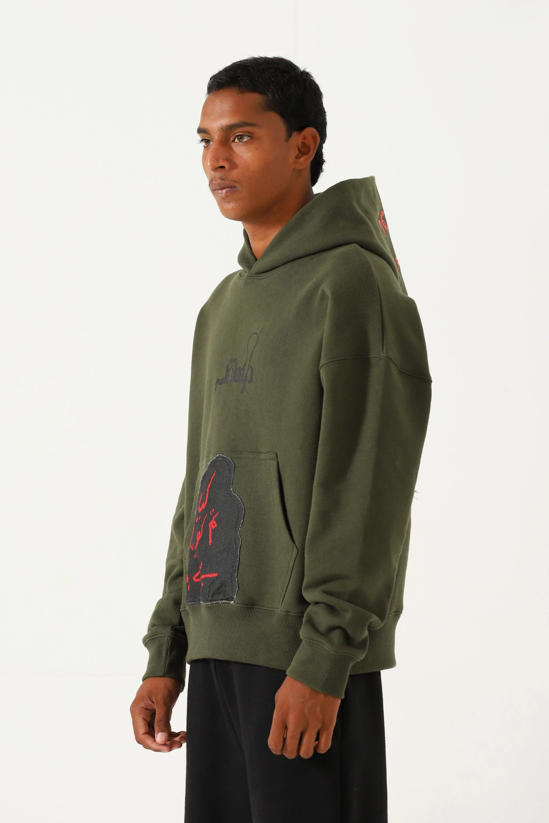 "Waqt" patchwork olive green hoodie - Image 4