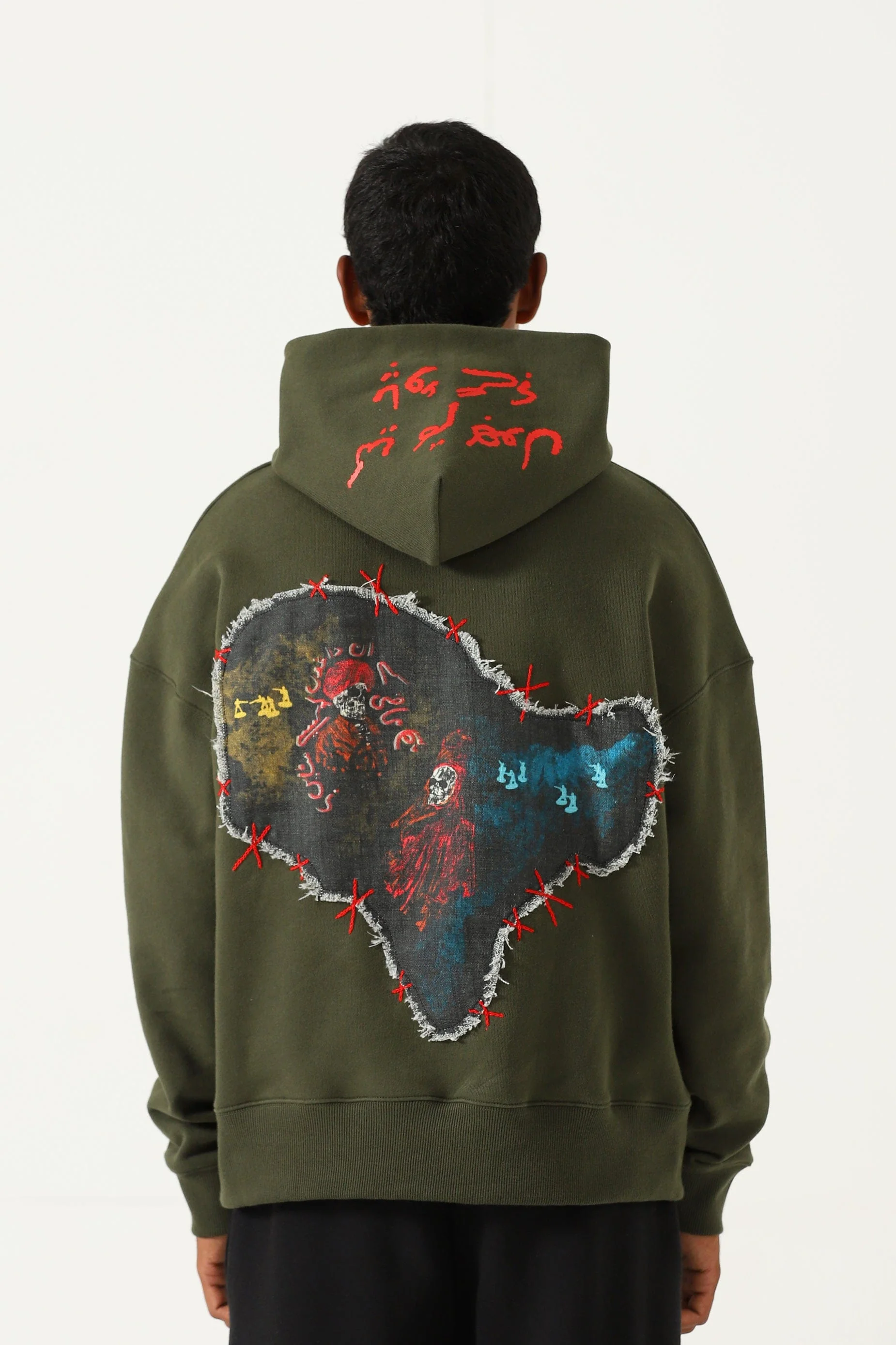 "Waqt" patchwork olive green hoodie - Image 3